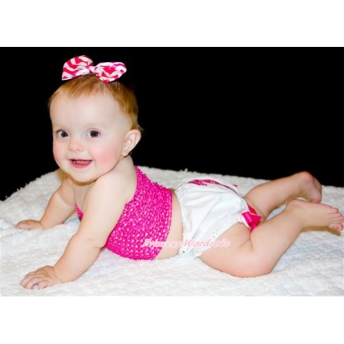 1st Hot Pink White Dots Birthday Age Print White Bloomer With Hot Pink Bows,Hot Pink Crochet Tube Top,Hot Pink White Wave Satin Bow 3PC Set CT643 